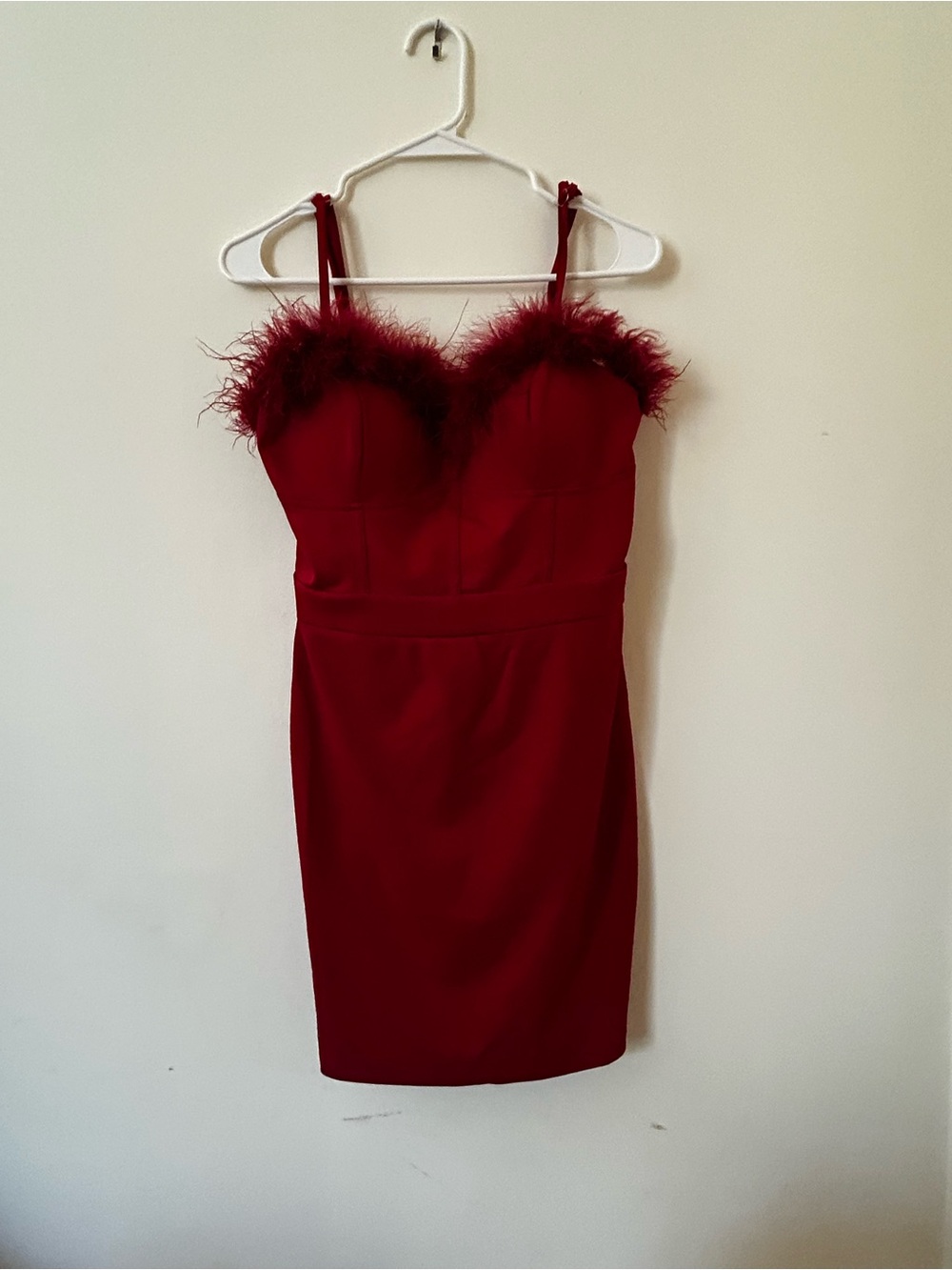 Red Feather-Trim Spaghetti Strap Bodycon Dress